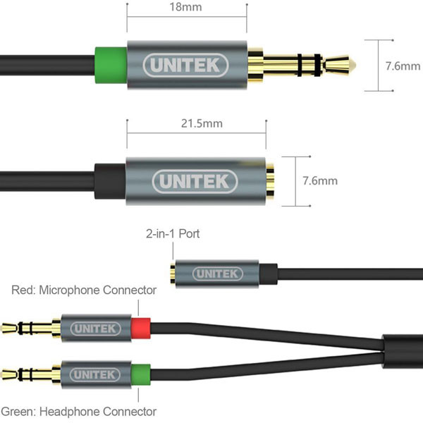 تبدیل 1 به 2 جک 3.5 میلی متری یونیتک مدل Y-C956ABK طول 0.2 متر