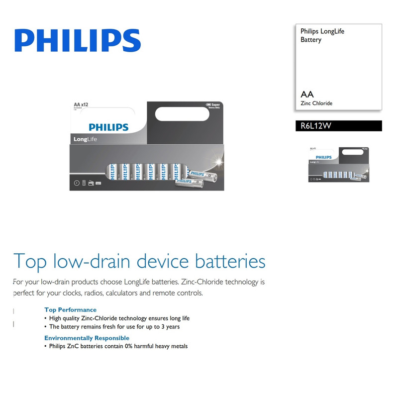 باتری نیم قلمی فیلیپس مدل LongLife R03L12W بسته 12 عددی