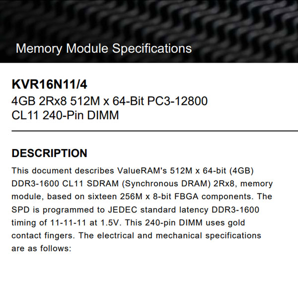 رم دسکتاپ DDR3 تک کاناله 1600 مگاهرتز CL11 کینگستون مدل KVR16N11/4 PC3-12800 ظرفیت 4 گیگابایت